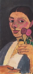 Selbstbildnis mit zwei Blumen in der erhobenen linken Hand
